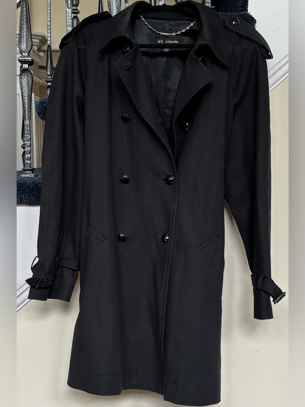 St. John Black Trench Coat — Where Classic Meets Couture